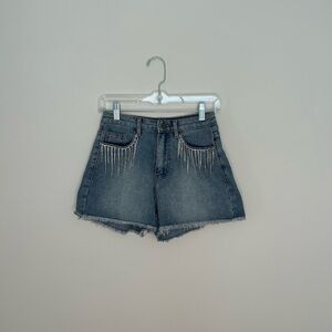 Women's Sincerly Jules Denim Rhinestone Fringe Shorts- 1